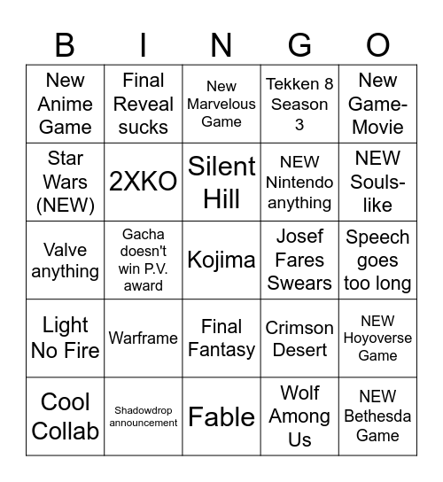 Game Awards 2025 Bingo Card