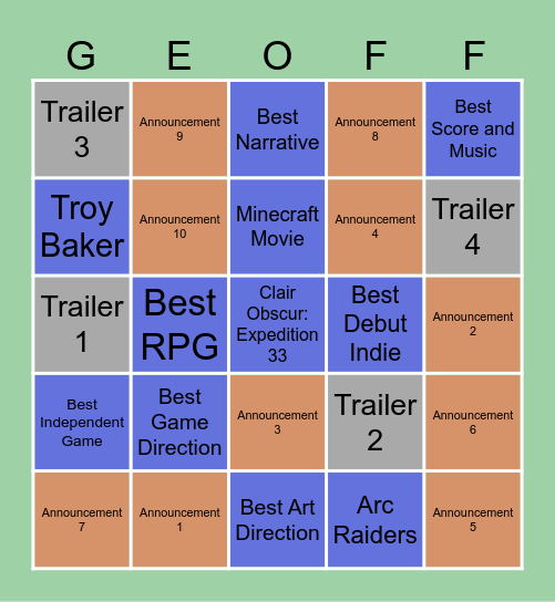 The Game Awards 2025 Bingo Card