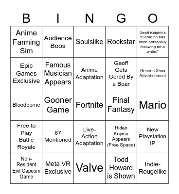 Game Awards 2025 Bingo Card