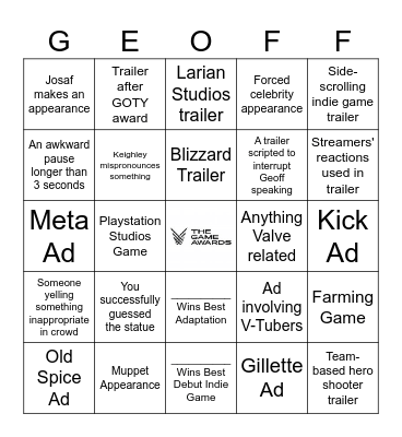 Game Awards 2025 Bingo Card