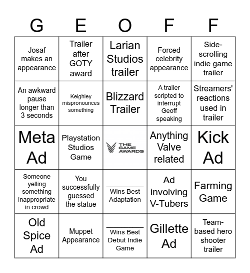 Game Awards 2025 Bingo Card