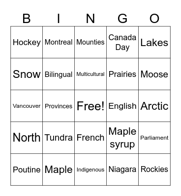 Canada Bingo Card