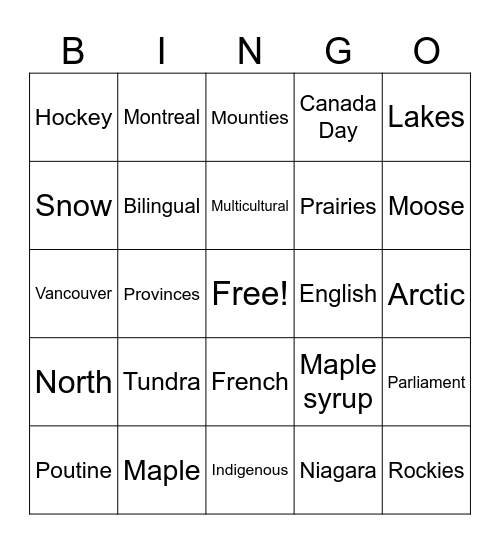 Canada Bingo Card
