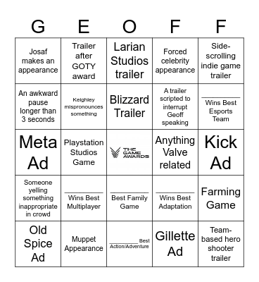 Game Awards 2025 Bingo Card