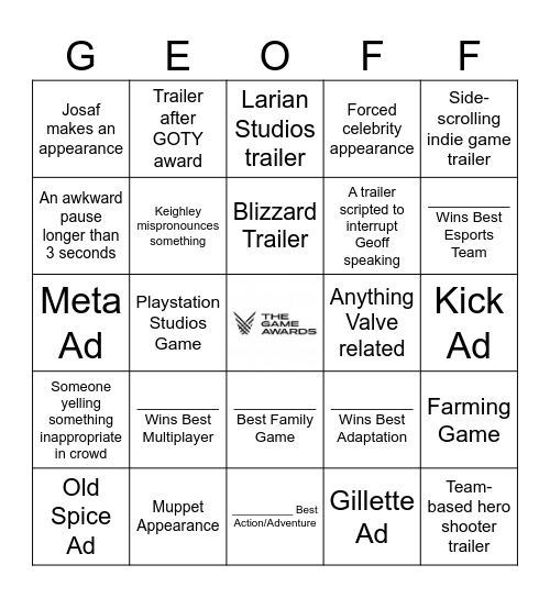 Game Awards 2025 Bingo Card