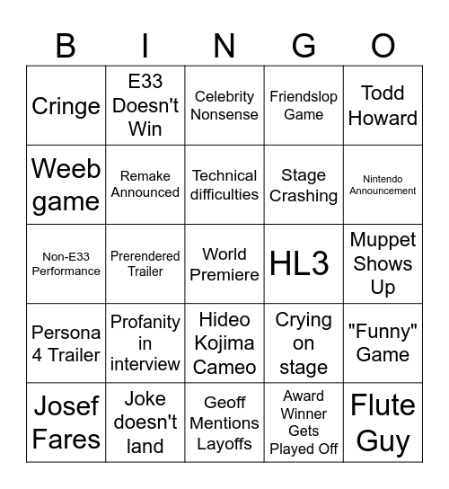 Game Awards 2025 Bingo Card