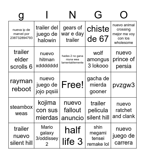 game awar Bingo Card