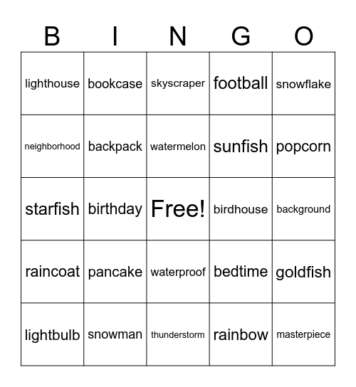 compound word Bingo Card