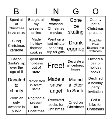 "Never Have I Ever" Holiday Bingo Card