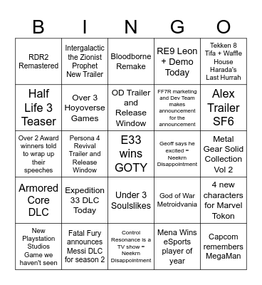 Game Awards Bingo Card