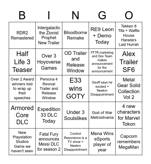 Game Awards Bingo Card