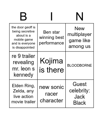 Game awards 2025 Bingo Card