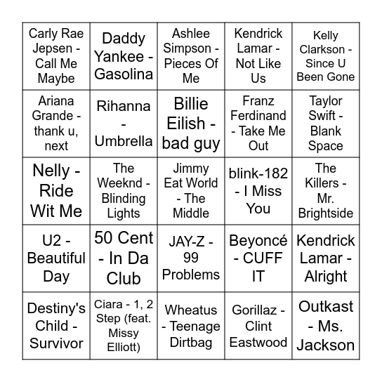 Rolling Stones Top Songs of the 21st Century Bingo Card