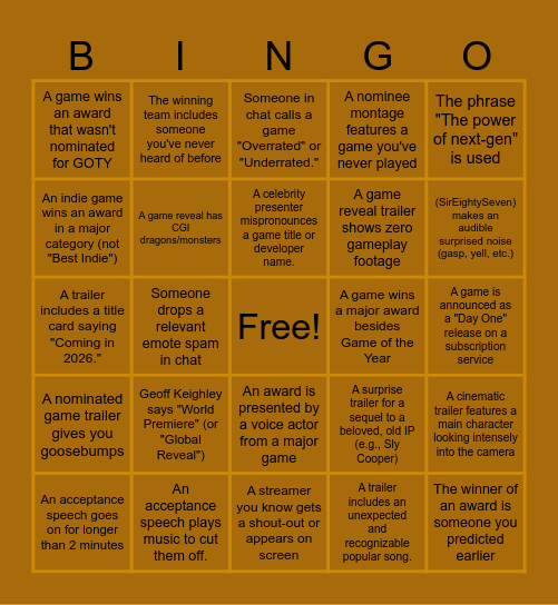Union Gamer Awards Bingo Card