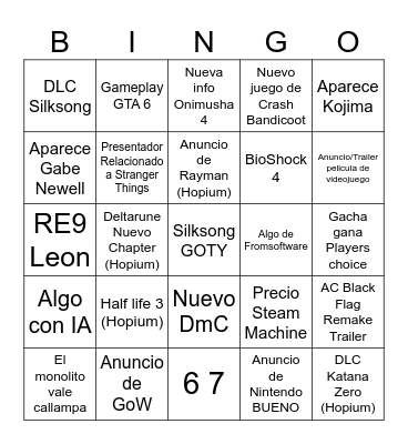 Game Awards 2025 Bingo Card