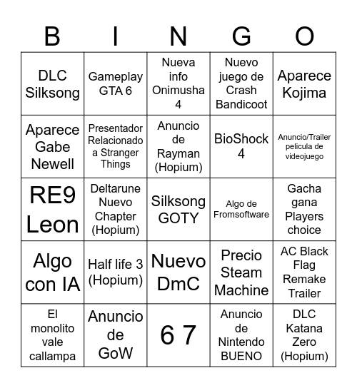 Game Awards 2025 Bingo Card