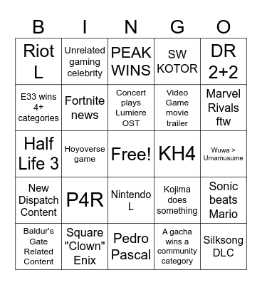 Game Awards 2025 Belei Edition Bingo Card