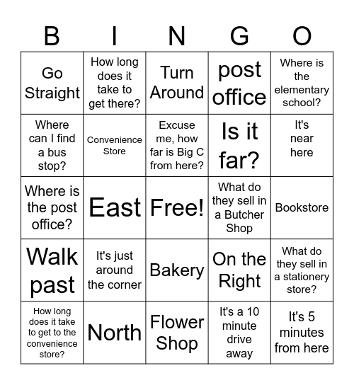 Directions Bingo Card