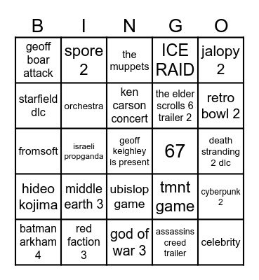 The Game Awards Bingo Card