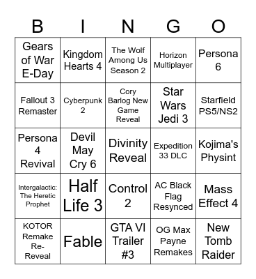 TGA 2025 Announcement Predictions Bingo Card
