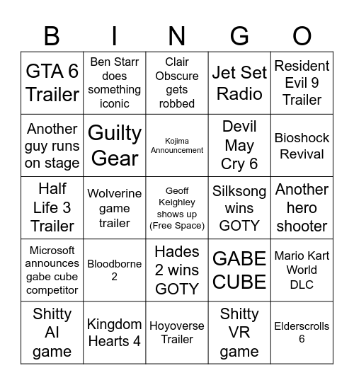 Game Awards Bingo Card