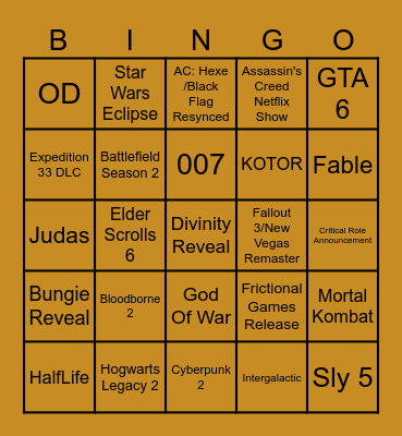 Game Awards Bingo Card