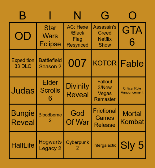 Game Awards Bingo Card