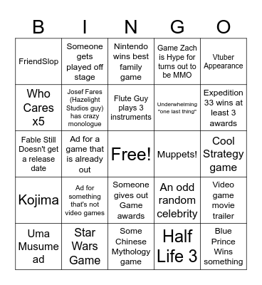 Game Awards 2025 Bingo (Zach) Bingo Card