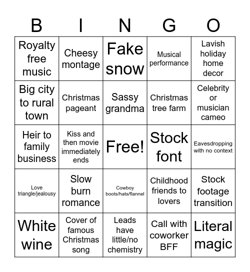 Hallmark Movie Tropes Bingo Card