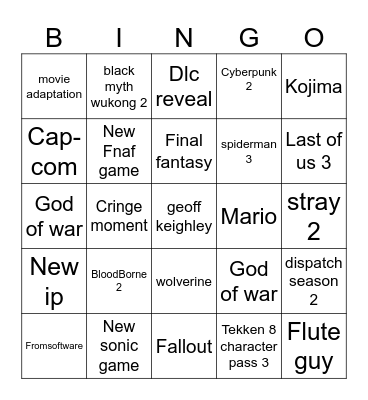 The Game Awards predictions Bingo Card