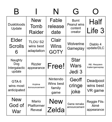 The Game Awards 2025 Bingo Card