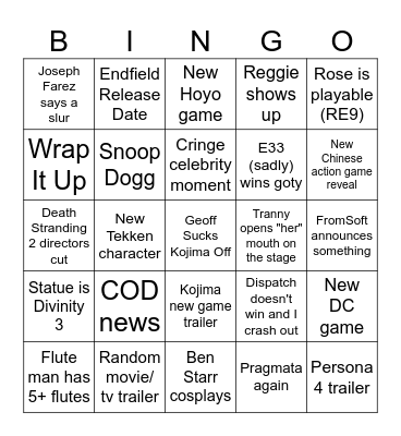 Game Awards 2025 Bingo Card