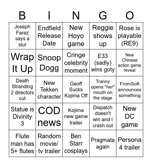 Game Awards 2025 Bingo Card