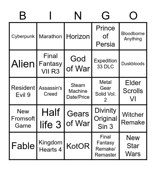 Game Awards 2025 Bingo Card