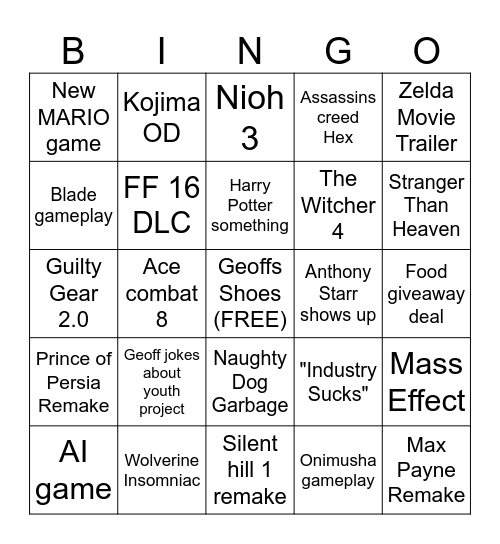 Game Awards 2025 Bingo Card