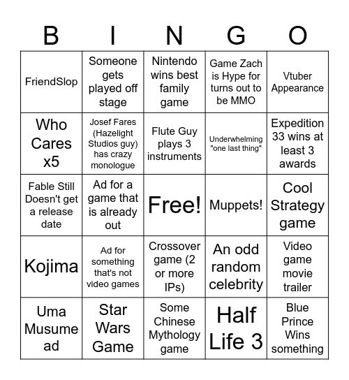 Game Awards 2025 Bingo (Zach) Bingo Card