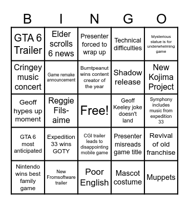Game Awards 2025 Bingo Card