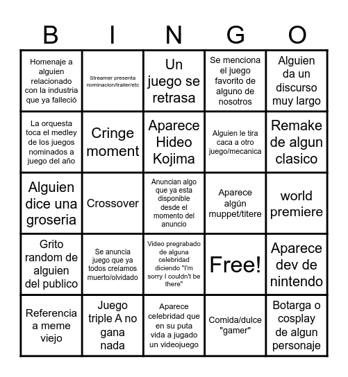 The Game Awards 2025 Bingo Card
