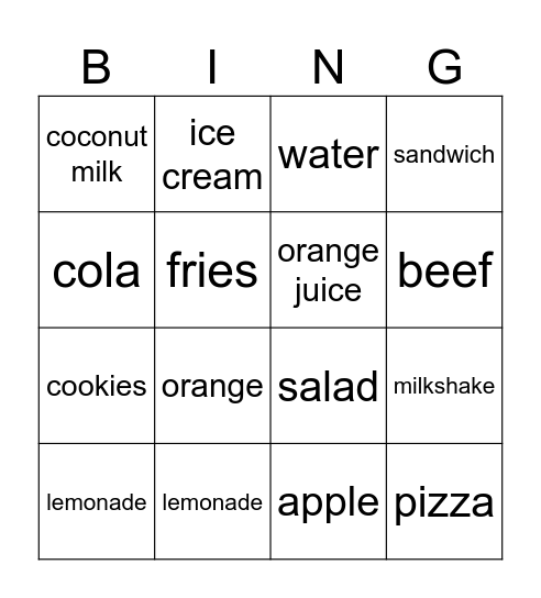 Food and Drinks Bingo Card