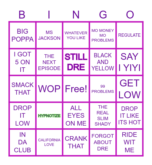 CLASSIC RAP SONGS Bingo Card