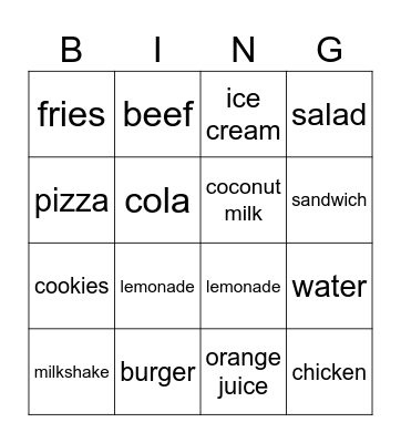 Food and Drinks Bingo Card