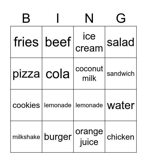 Food and Drinks Bingo Card