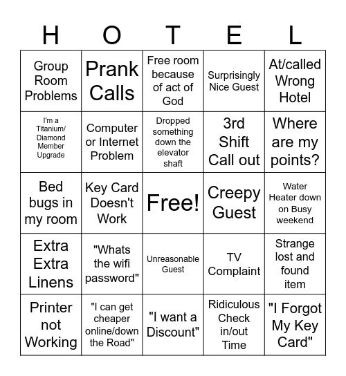 Hotel Bingo Card