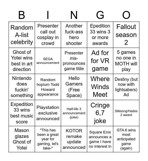 2025 Game Awards Bingo Card