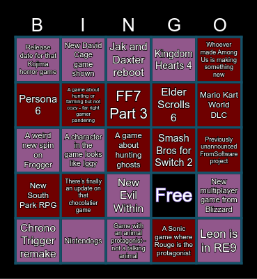 Game Awards 2025 Bingo Card