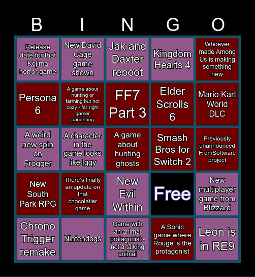Game Awards 2025 Bingo Card