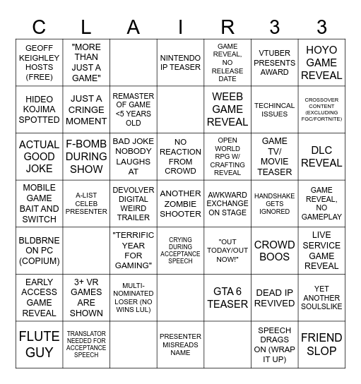 The Game Award Bingo Card