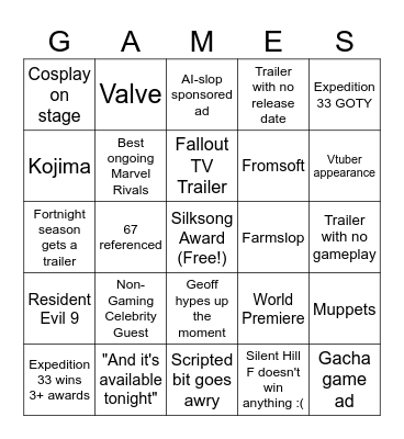The Game Awards Bingo Card