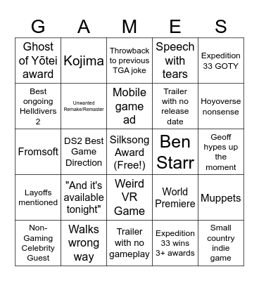 The Game Awards Bingo Card