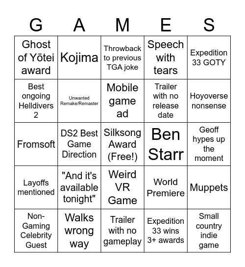 The Game Awards Bingo Card